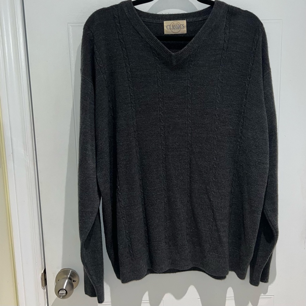 Vintage Cable Knit V-neck Dark Grey Sweater Preppy Oversized Warm Long Sleeves